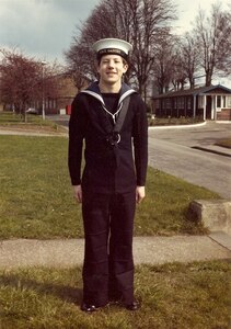 16-year-old Hussey as a new entry sailor at HMS Ganges, a Royal Navy training establishment, in 1975.