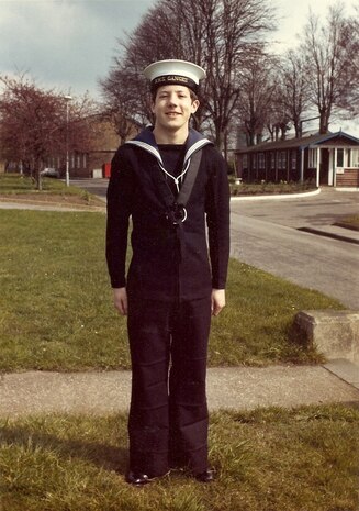 16-year-old Hussey as a new entry sailor at HMS Ganges, a Royal Navy training establishment, in 1975.