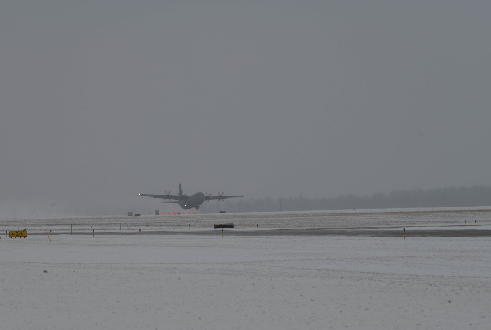 The 910th Airlift Wing's newest C-130J-30 Super Hercules lands at Youngstown Air Reserve Station, Ohio, Jan. 14, 2025, after its maiden flight with the 910th Airlift Wing.