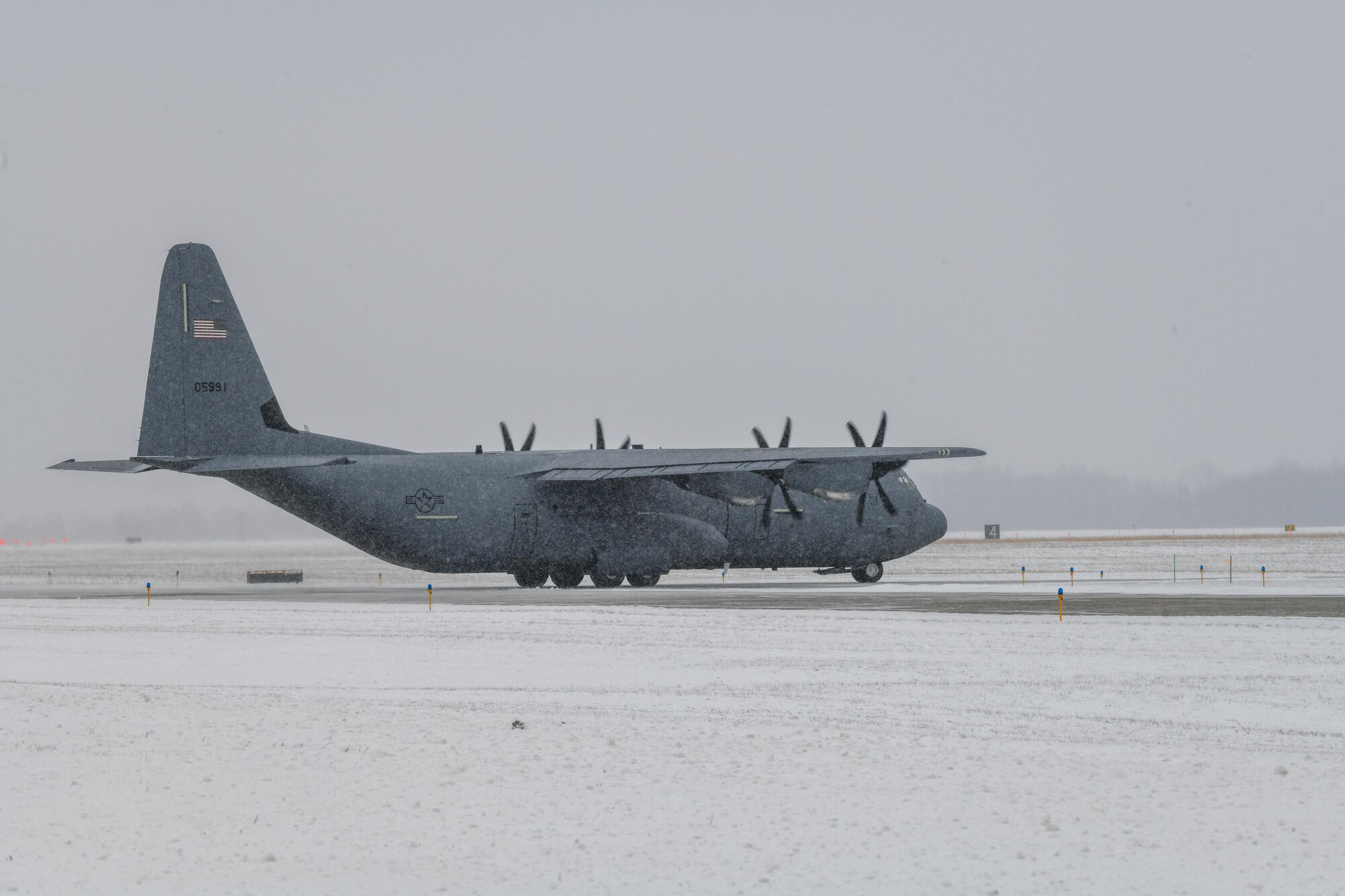 The 910th Airlift Wing's newest C-130J-30 Super Hercules taxis ahead of its maiden flight at Youngstown Air Reserve Station, Ohio, Jan. 14, 2025.
