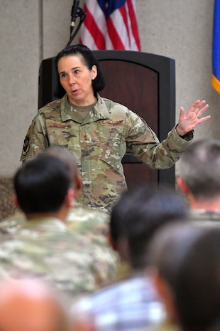 U.S. Air Force Maj. Gen. Jeannine M. Ryder, Medical Readiness Command - Bravo commander and Defense Health Network Continental director, visits with 75th Medical Group Airmen during a town hall on Jan. 14, 2025, at Hill Air Force Base, Utah. During the visit, she discussed organizational changes and the stand-up of MRC-B, which supports medical forces for four major commands, two direct reporting units, and all U.S. Space Force installations, while supporting more than 12,000 personnel across 33 units. MRC-B will focus on three things as it carries out its support mission: a ready force, ready medics, and safe/accessible care. (U.S. Air Force photo by Todd Cromar)