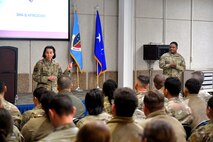 U.S. Air Force Maj. Gen. Jeannine M. Ryder, Medical Readiness Command - Bravo commander and Defense Health Network Continental director, and U.S. Air Force Chief Master Sgt. Jerry Dunn, MRC-B command chief, visit with 75th Medical Group Airmen during a town hall on Jan. 14, 2025, at Hill Air Force Base, Utah. During the visit, she discussed organizational changes and the stand-up of MRC-B, which supports medical forces for four major commands, two direct reporting units, and all U.S. Space Force installations, while supporting more than 12,000 personnel across 33 units. MRC-B will focus on three things as it carries out its support mission: a ready force, ready medics, and safe/accessible care. (U.S. Air Force photo by Todd Cromar)