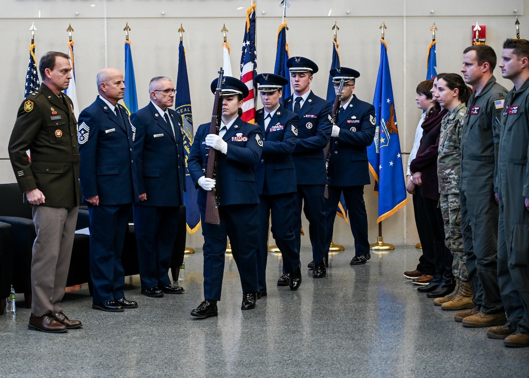 Chief Master Sgt. Scott Tontegode assumes the position of State Command Chief Master Sergeant at Joint Force Headquarters Jan. 12, 2025, at the Nebraska National Guard’s Joint Force Headquarters building, Lincoln, Nebraska. Tontegode served as the 155th Air Refueling Wing command chief master sergeant for five years.



(U.S. Air National Guard photo taken by Staff Sgt. Jamie Syniy)