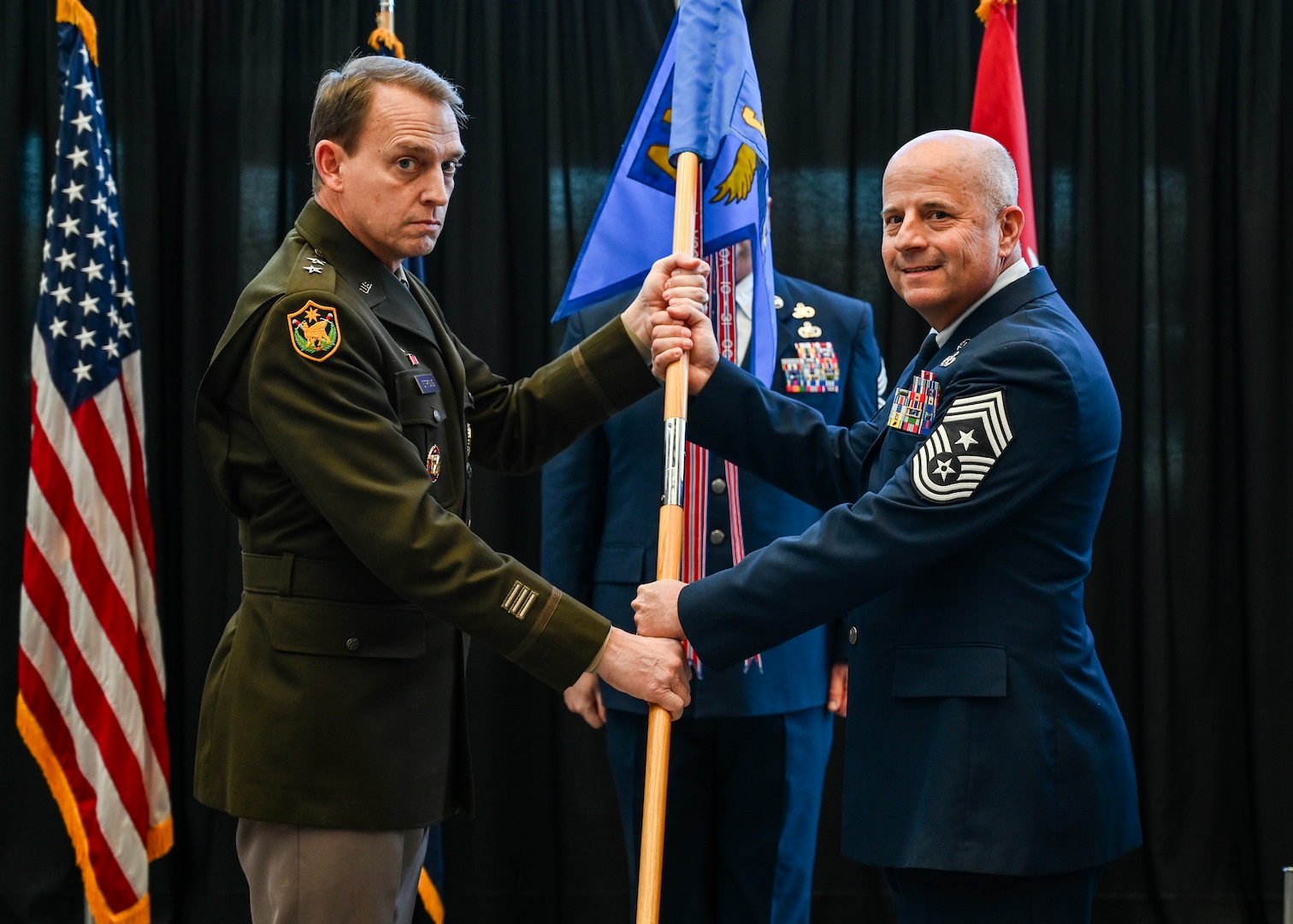 Chief Master Sgt. Scott Tontegode assumes the position of State Command Chief Master Sergeant at Joint Force Headquarters Jan. 12, 2025, at the Nebraska National Guard’s Joint Force Headquarters building, Lincoln, Nebraska. Tontegode served as the 155th Air Refueling Wing command chief master sergeant for five years.



(U.S. Air National Guard photo taken by Staff Sgt. Jamie Syniy)