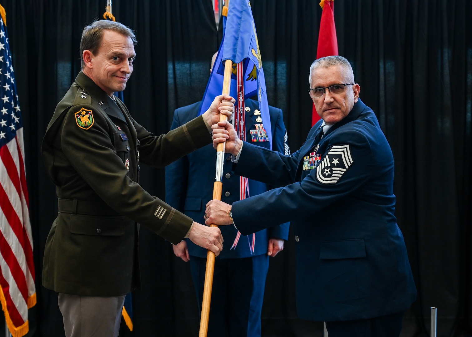 Chief Master Sgt. Scott Tontegode assumes the position of State Command Chief Master Sergeant at Joint Force Headquarters Jan. 12, 2025, at the Nebraska National Guard’s Joint Force Headquarters building, Lincoln, Nebraska. Tontegode served as the 155th Air Refueling Wing command chief master sergeant for five years.



(U.S. Air National Guard photo taken by Staff Sgt. Jamie Syniy)