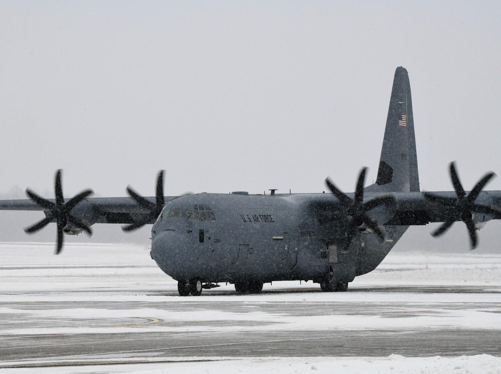 The 910th Airlift Wing's newest C-130J-30 Super Hercules taxis ahead of its maiden flight at Youngstown Air Reserve Station, Ohio, Jan. 14, 2025.
