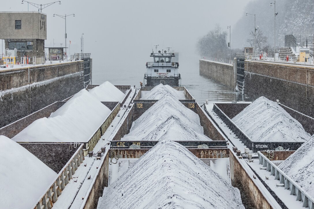 The U.S. Army Corps of Engineers Pittsburgh District continues to support inland navigation and lock operations despite icy conditions.