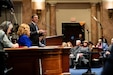 Kentucky Gov. Andy Beshear recognizes two veterans, Sgt. Grayson Johnson and Spc. William Price, at the State of the Commonwealth in the Kentucky House Chambers in Frankfort, Kentucky on Jan. 8, 2025.