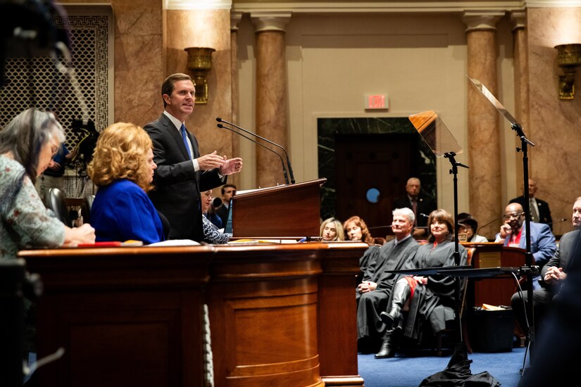 Kentucky Gov. Andy Beshear recognizes two veterans, Sgt. Grayson Johnson and Spc. William Price, at the State of the Commonwealth in the Kentucky House Chambers in Frankfort, Kentucky on Jan. 8, 2025.