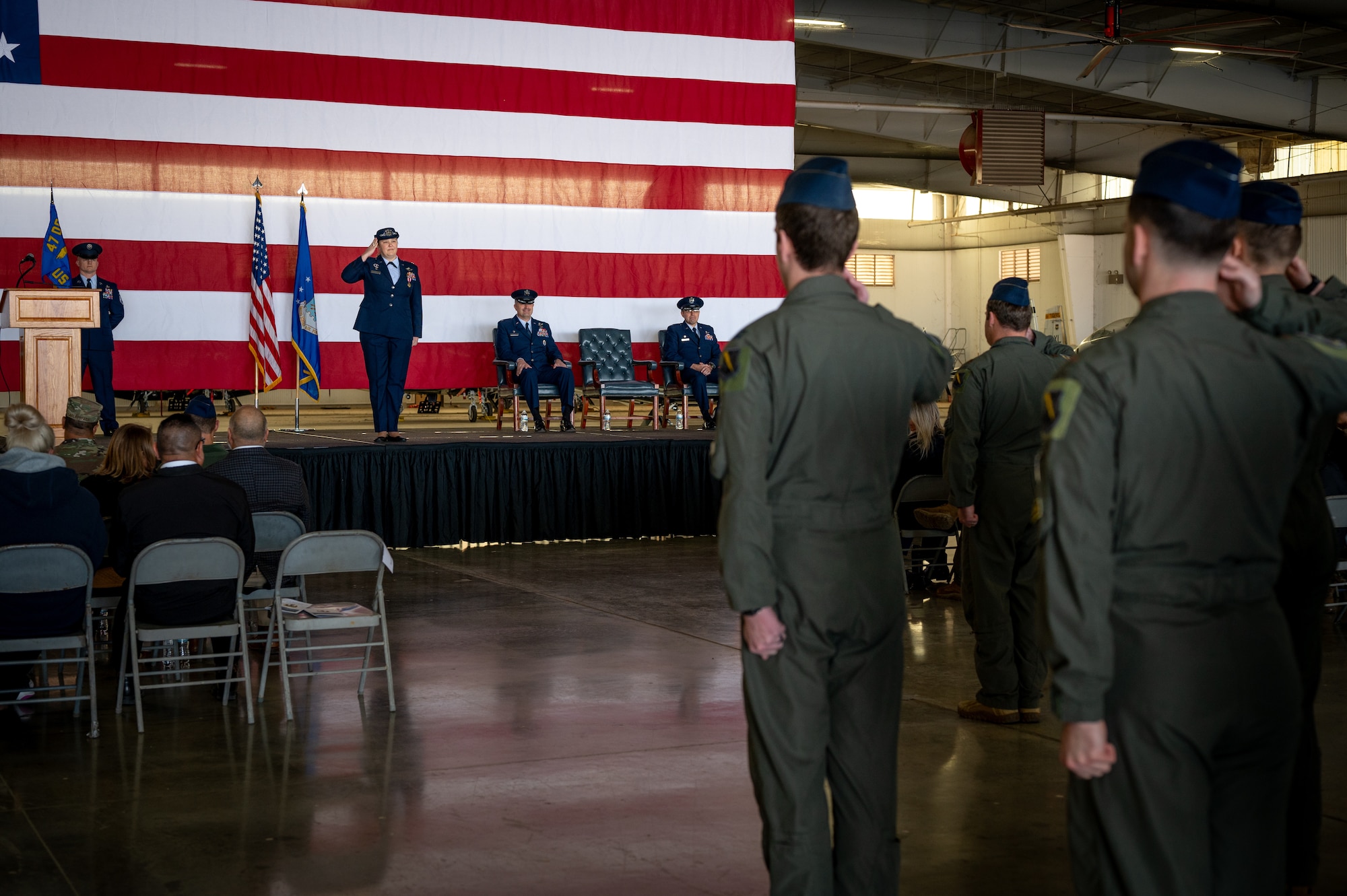 47th Student Squadron (STUS) Airmen bid farewell to Lt. Col. Elizabeth Music, prior commander of the 47th STUS, and welcomed Lt. Col. Aaron Borszich, current commander of the 47th STUS, during a change of command ceremony here, Jan. 17, 2025.