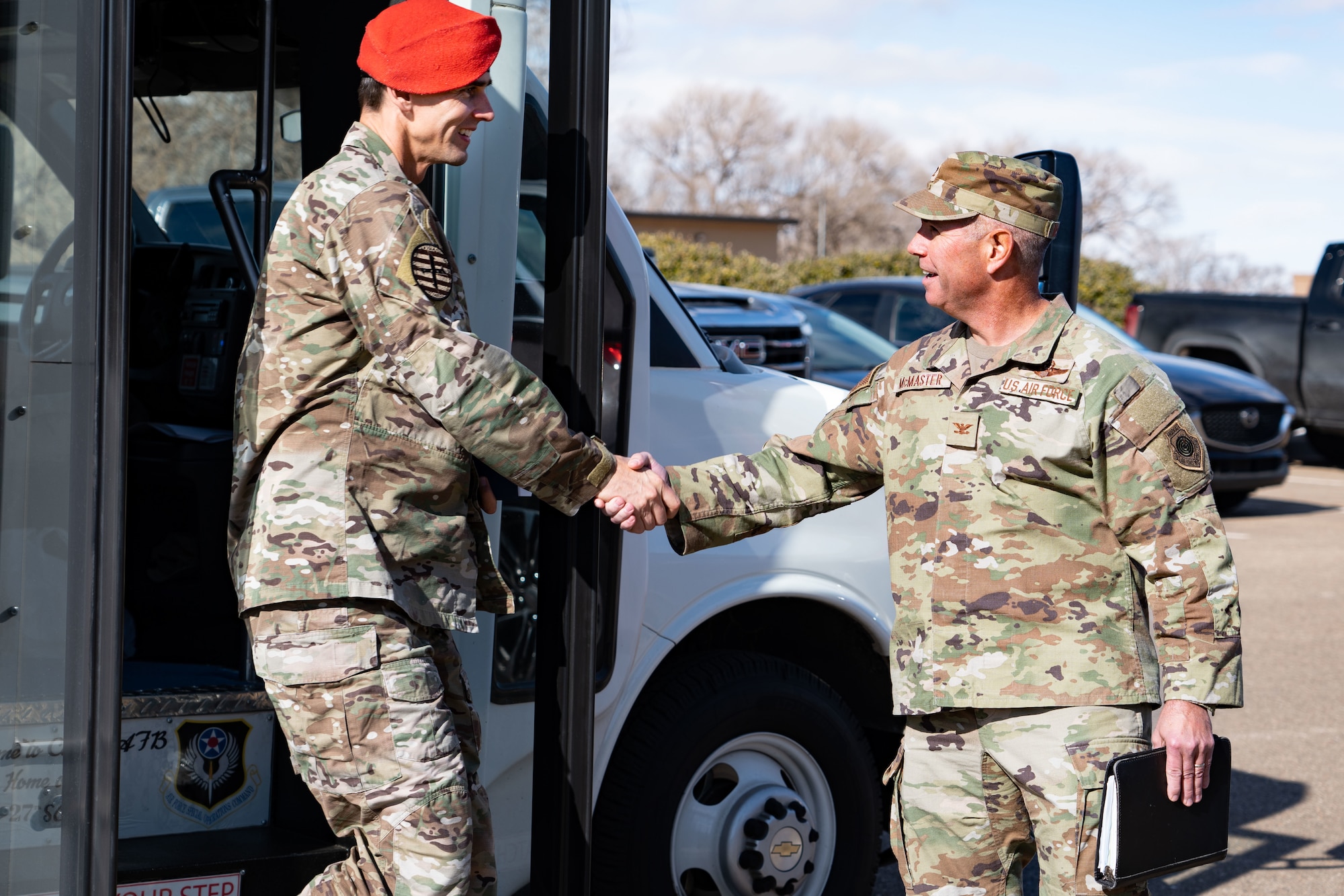 U.S. Air Force Col. K. Jason Daniels, Air Force Special Operations Command director of operations, shakes hands with Col. Jeff McMaster, 27th Special Operations Wing deputy commander, at Cannon Air Force Base, New Mexico, Jan. 13, 2025. Daniels visited the base to gain insight on the 27th SOW’s Remotely Piloted Aircraft enterprise, Melrose Air Force Range, and 20th Special Operations Squadron. (U.S. Air Force photo by Airman 1st Class Sarah Gottschling)