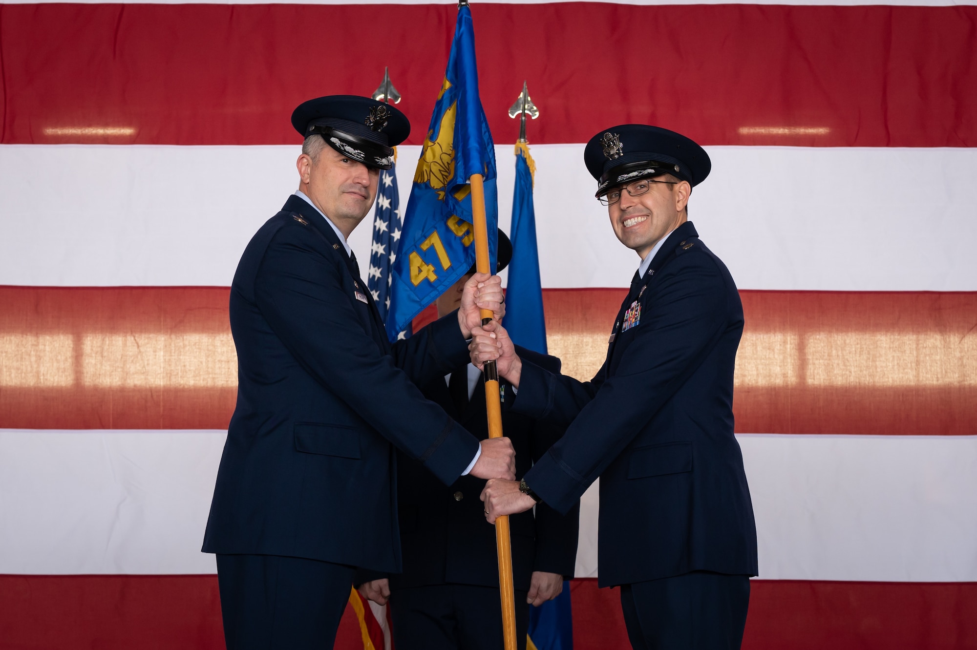47th Student Squadron (STUS) Airmen bid farewell to Lt. Col. Elizabeth Music, prior commander of the 47th STUS, and welcomed Lt. Col. Aaron Borszich, current commander of the 47th STUS, during a change of command ceremony here, Jan. 17, 2025.