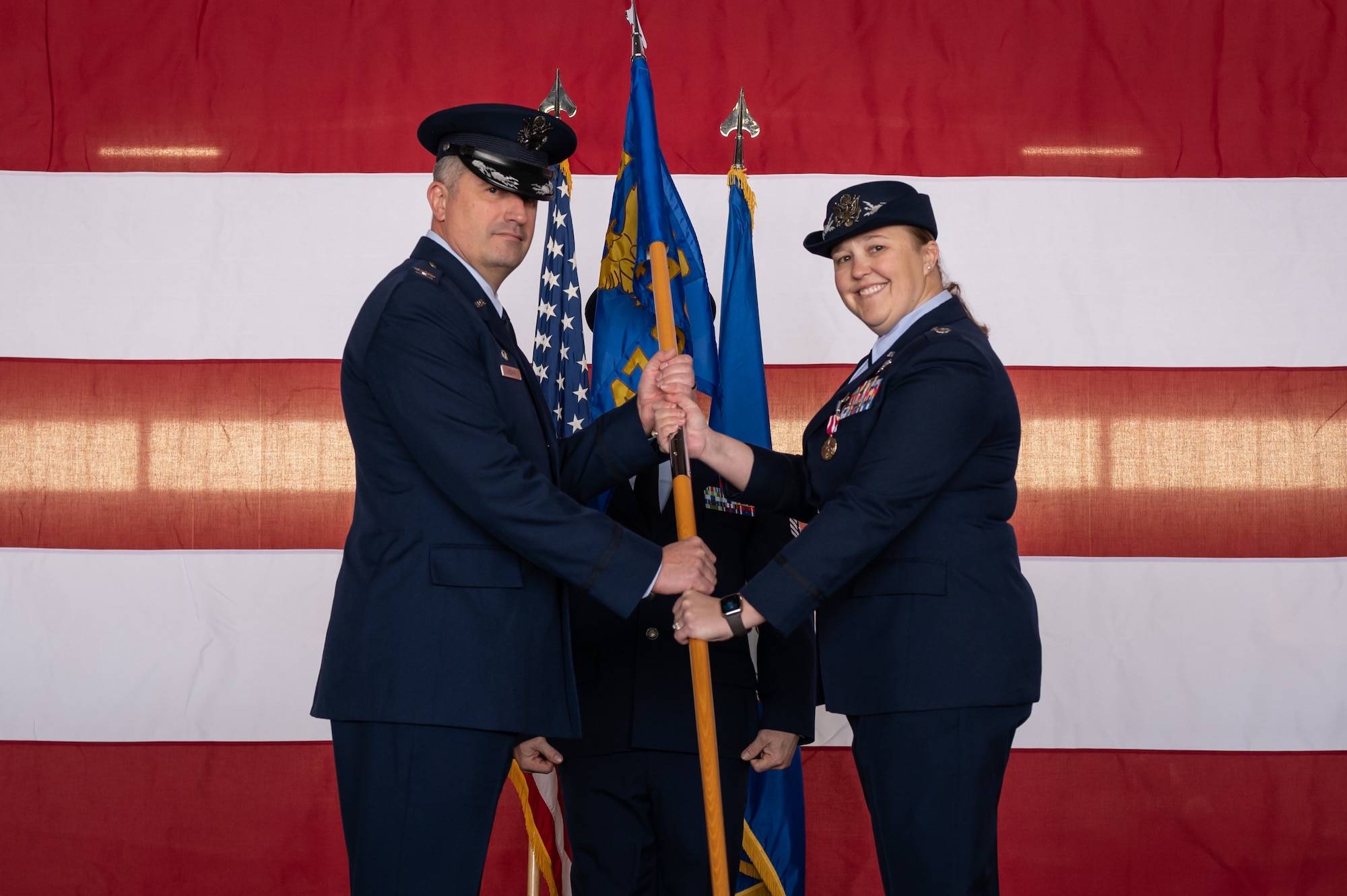 47th Student Squadron (STUS) Airmen bid farewell to Lt. Col. Elizabeth Music, prior commander of the 47th STUS, and welcomed Lt. Col. Aaron Borszich, current commander of the 47th STUS, during a change of command ceremony here, Jan. 17, 2025.