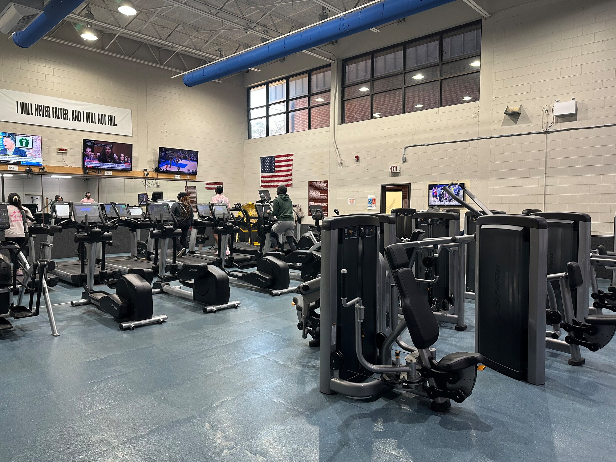 The cardio room in the Fitness Center being used by patrons on Columbus Air Force Base.