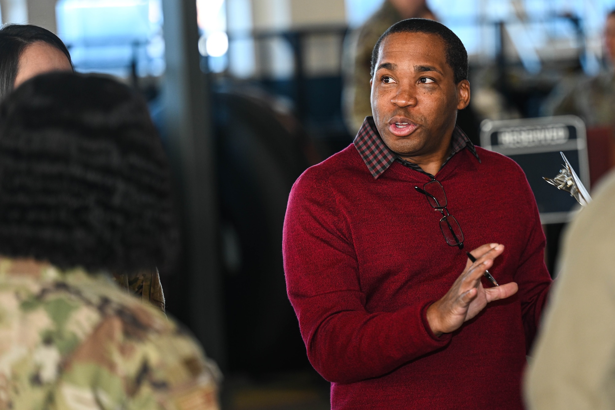 Kory Gibson, 21st Logistics Readiness Squadron chief of asset management, debriefs the participants during a space logistics challenge test event on Peterson Space Force Base, Colorado, Jan. 15, 2025. This space logistics challenge compared the effectiveness of loading Department of Defense cargo with and without artificial intelligence tools. (U.S. Space Force photo by Senior Airman Justin Todd)