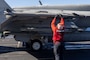 A U.S. Navy Sailor checks ordnance on an F/A-18E Super Hornet before it launches from the Nimitz-class aircraft carrier USS Harry S. Truman (CVN 75) in the U.S. Central Command area of responsibility.