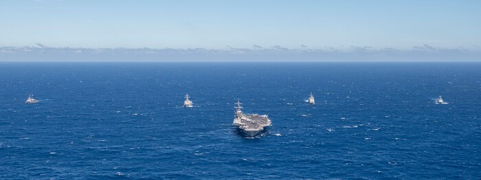 250117-N-FS097-1639 SOUTH CHINA SEA (Jan. 17, 2025) - The U.S. Navy Nimitz-class aircraft carrier USS Carl Vinson (CVN 70) sails in formation with, left to right, the Philippine Navy Gregorio del Pilar-class offshore patrol vessel BRP Andrés Bonifacio (PS 17), the U.S. Navy Arleigh Burke-class guided-missile destroyer USS Sterett (DDG 104), the U.S. Navy Ticonderoga-class guided-missile cruiser USS Princeton (CG 59) and the Philippine Navy Jose Rizal-class guided-missile frigate BRP Antonio Luna (FF 151), during a Maritime Cooperative Activity while transiting the South China Sea, Jan. 17, 2025. The U.S. and Philippines work together as allies, enhancing the interoperability of maritime forces and supporting their shared goal of a free and open Indo-Pacific. Carrier Strike Group ONE, is underway conducting routine operations in the U.S. 7th Fleet area of operations. (U.S. Navy photo by Mass Communication Specialist 3rd Class Nathan Jordan)