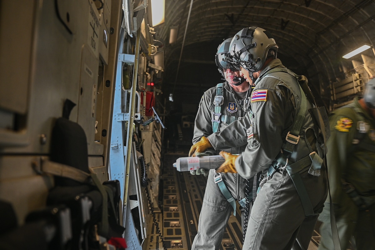 A joint-task force of Guardsmen and Reservists conquer air, space, and sea to provide Human Space Flight Support training for astronaut retrieval through search and rescue Jan. 14-17, 2025, at Patrick Space Force Base, Florida.Guardsmen from the 204th Airlift Squadron, Joint Base Pearl Harbor-Hickam, Hawaii, joined hands with Reservists from the 315th Airlift Wing, Joint Base Charleston, South Carolina, and the 308th Rescue Squadron, Patrick SFB, Fla., to train on HSFS search and rescue airdrop techniques, used to retrieve astronauts from open-ocean waters upon returning to Earth.
