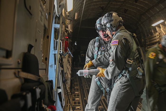 A joint-task force of Guardsmen and Reservists conquer air, space, and sea to provide Human Space Flight Support training for astronaut retrieval through search and rescue Jan. 14-17, 2025, at Patrick Space Force Base, Florida.

Guardsmen from the 204th Airlift Squadron, Joint Base Pearl Harbor-Hickam, Hawaii, joined hands with Reservists from the 315th Airlift Wing, Joint Base Charleston, South Carolina, and the 308th Rescue Squadron, Patrick SFB, Fla., to train on HSFS search and rescue airdrop techniques, used to retrieve astronauts from open-ocean waters upon returning to Earth.