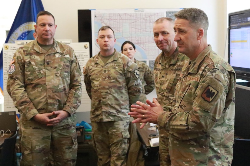 U.S. Air Force Gen. Steven Nordhaus, right, Chief of the National Guard Bureau, addresses service members of the 55th Maneuver Enhancement Brigade, Pennsylvania Army National Guard, assigned to Joint Task Force-District of Columbia (JTF-DC) in support of the 60th Presidential Inauguration in Washington, D.C., Jan. 19, 2025. Approximately 8,000 National Guard service members from approximately 40 states and territories comprise JTF-DC to support the 60th Presidential Inauguration, continuing a legacy that began in 1789 when their predecessors escorted George Washington to the first inauguration. At the request of civil authorities, these National Guard service members provide critical support such as crowd management, traffic control points, CBRN response, civil disturbance response and sustainment operations. Their expertise and seamless collaboration with interagency partners help ensure a safe and peaceful transition of power during this historic event. (U.S. Army National Guard photo by Sgt. 1st Class Shane Smith)