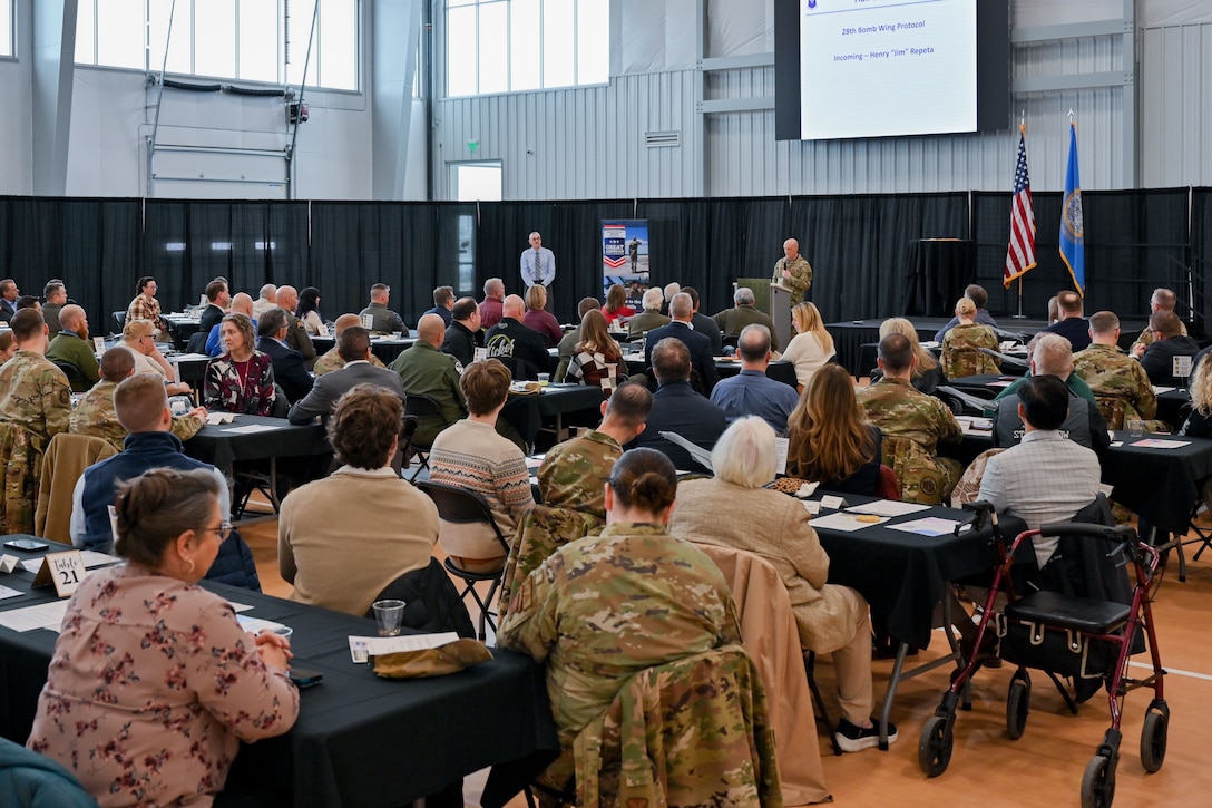 Col. Derek Oakley, 28th Bomb Wing commander, welcomes new Ellsworth Air Force Base honorary commanders and says farewell to outgoing program participants, January 14, 2025 at the Liberty Center, Box Elder, S.D.