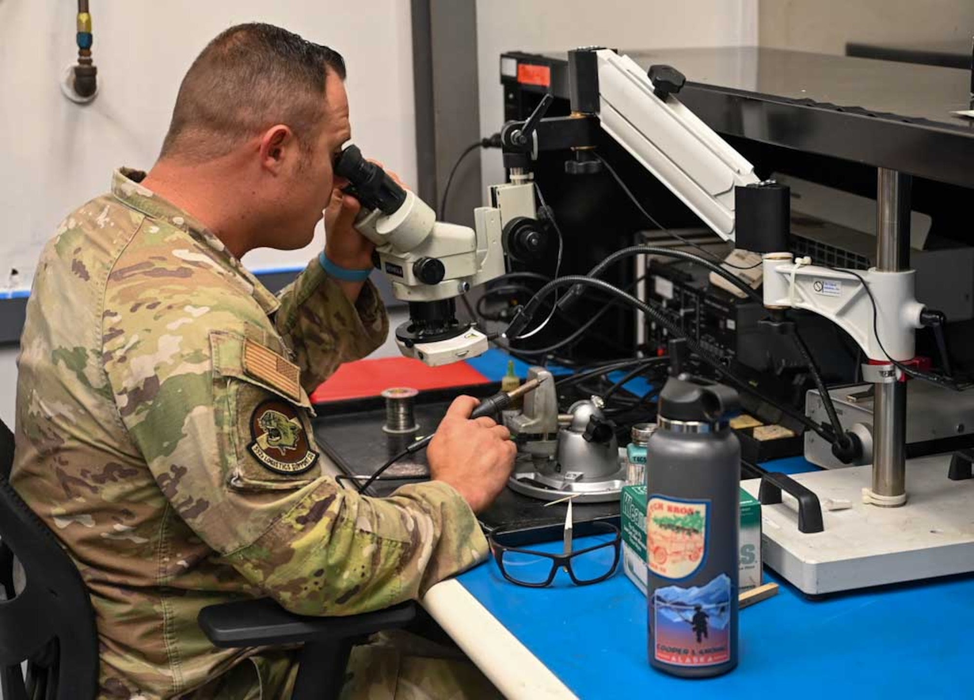 A technician from the 552nd Air Control Wing’s Air Force Repair Enhancement Program (AFREP) performs precision soldering on a circuit card for the E-3 Sentry AWACS. This intricate work is a key part of AFREP’s mission to repair and return essential components to service, ensuring operational readiness and cost savings.
(U.S. Air Force Photo by Garrett N. Cole)