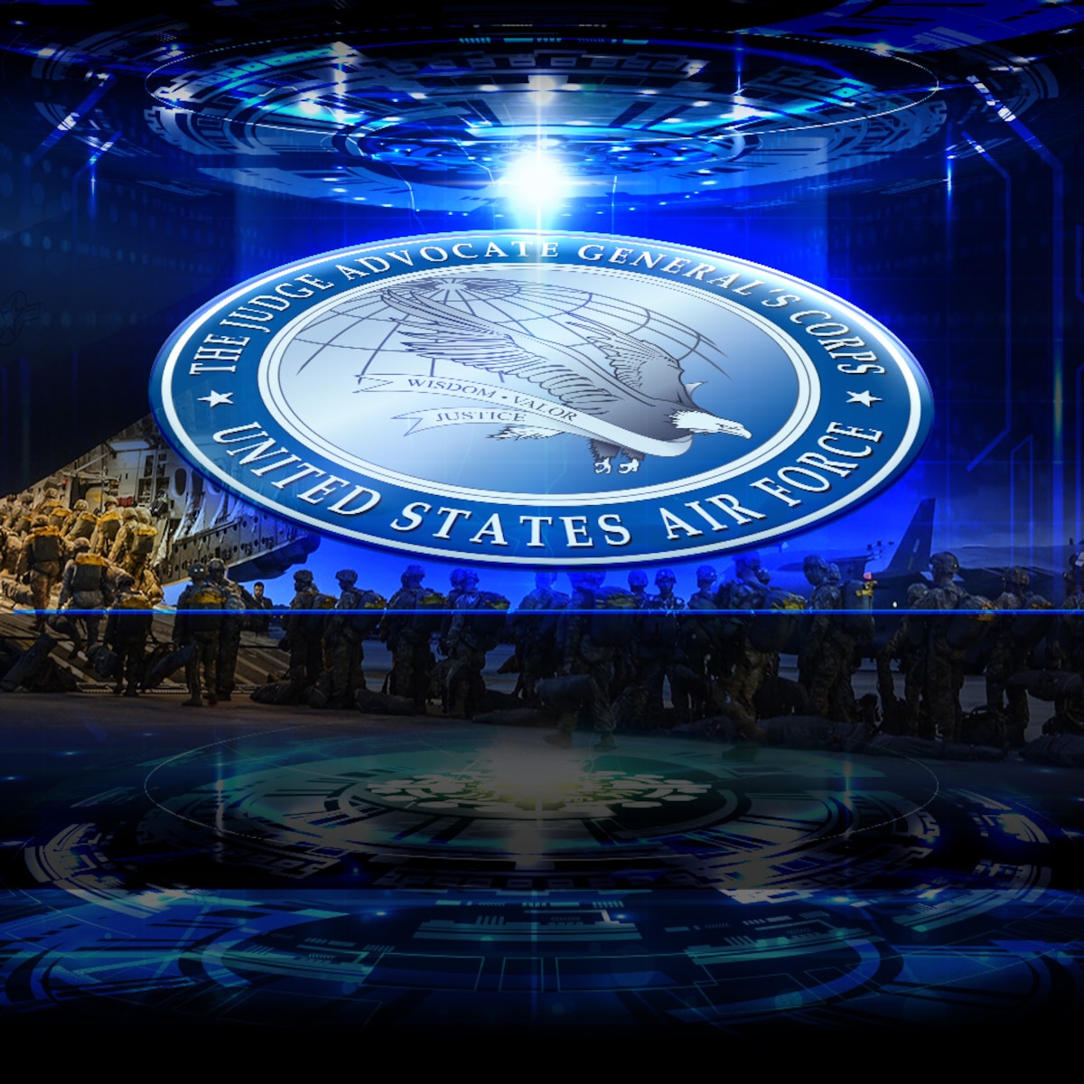 Futuristic collage of JAG Corps seal on sci-fi tech platform with overlay of deploying military soldiers and 75th JAG Corps Anniversary seal.