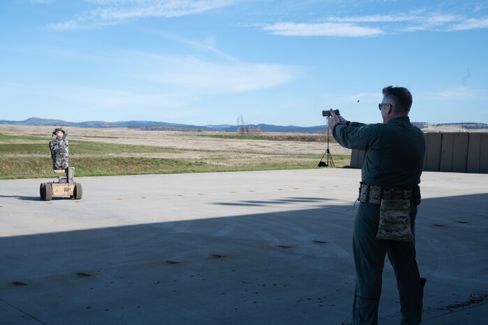 U.S. Air Force Col. James Bartran, 9th Reconnaissance Wing commander, engages in a mobile target exercise at Beale Air Force Base, California, Jan. 13, 2025.