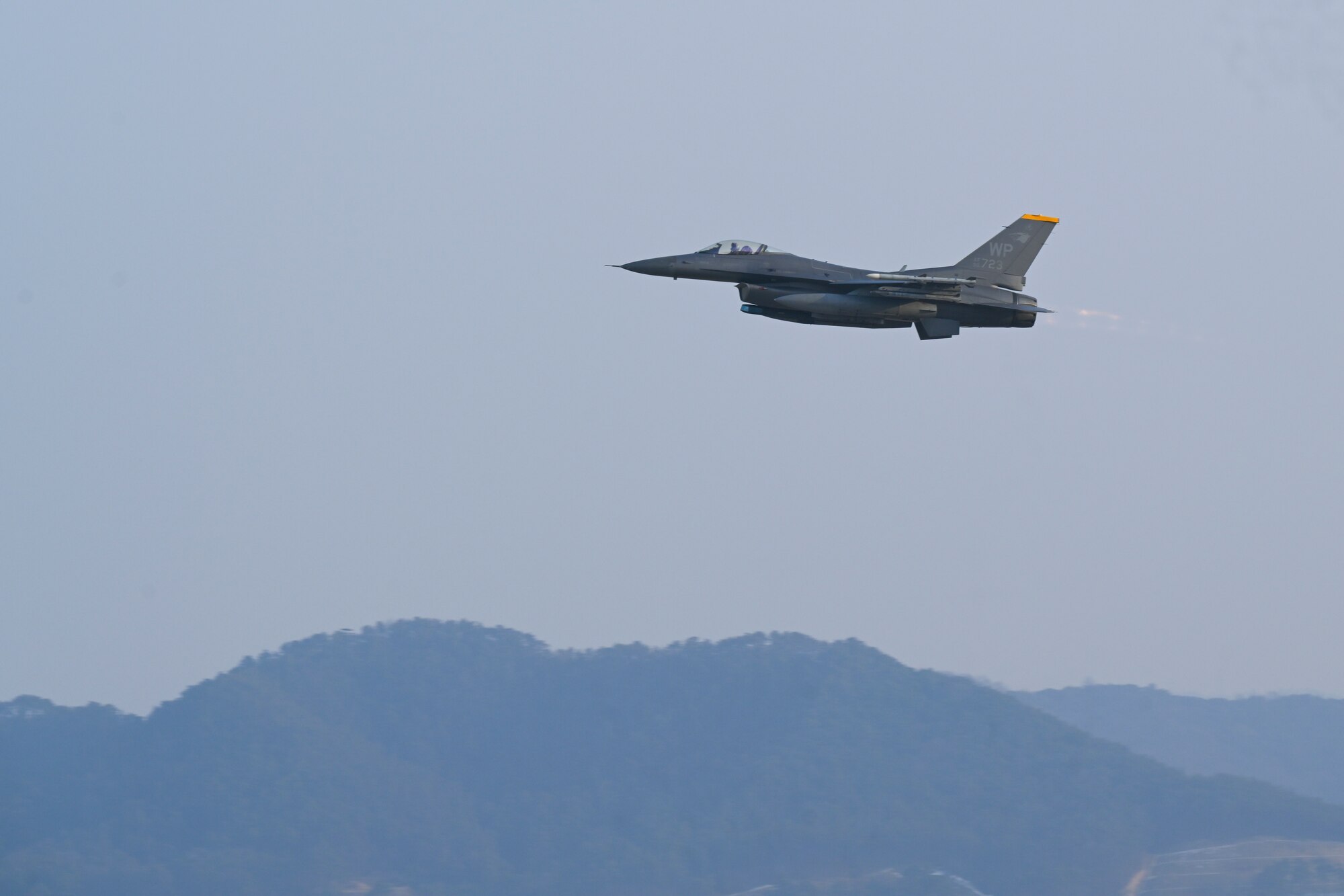 An F-16 Fighting Falcon from the 80th Fighter Squadron takes off from Gwangju Air Base, Republic of Korea, in support of Agile Combat Employment operations during Exercise Beverly Pack 25-1, Jan. 14, 2025.