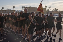 The new U.S. Marines of Lima Company, 3rd Recruit Training Battalion, participate in the company motivational run at Marine Corps Recruit Depot San Diego, California, Jan. 16, 2025. The company motivational run is a three-mile cadence run conducted around the Depot and is the last physical training event the Marines will conduct before they graduate from MCRD San Diego. The event is also the first-time friends and families will see their newly transformed Marines. Most ready when our nation is least ready, we train Marines to defeat the challengers, obstacles, and potential adversaries that hinder our nation’s progress and threaten our peace and security. (U.S. Marine Corps photo by Lance Cpl. Jacob Hutchinson)