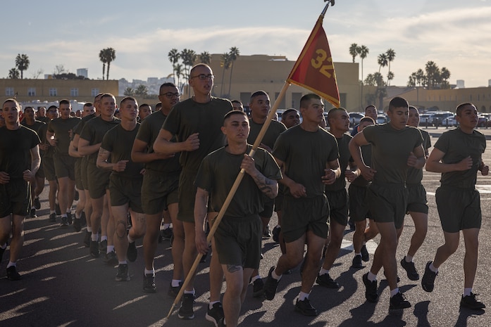 The new U.S. Marines of Lima Company, 3rd Recruit Training Battalion, participate in the company motivational run at Marine Corps Recruit Depot San Diego, California, Jan. 16, 2025. The company motivational run is a three-mile cadence run conducted around the Depot and is the last physical training event the Marines will conduct before they graduate from MCRD San Diego. The event is also the first-time friends and families will see their newly transformed Marines. Most ready when our nation is least ready, we train Marines to defeat the challengers, obstacles, and potential adversaries that hinder our nation’s progress and threaten our peace and security. (U.S. Marine Corps photo by Lance Cpl. Jacob Hutchinson)