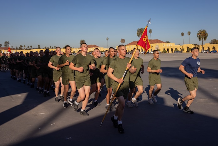 The new U.S. Marines of Lima Company, 3rd Recruit Training Battalion, participate in the company motivational run at Marine Corps Recruit Depot San Diego, California, Jan. 16, 2025. The company motivational run is a three-mile cadence run conducted around the Depot and is the last physical training event the Marines will conduct before they graduate from MCRD San Diego. The event is also the first-time friends and families will see their newly transformed Marines. Most ready when our nation is least ready, we train Marines to defeat the challengers, obstacles, and potential adversaries that hinder our nation’s progress and threaten our peace and security. (U.S. Marine Corps photo by Lance Cpl. Jacob Hutchinson)
