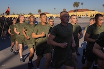 The new U.S. Marines of Lima Company, 3rd Recruit Training Battalion, participate in the company motivational run at Marine Corps Recruit Depot San Diego, California, Jan. 16, 2025. The company motivational run is a three-mile cadence run conducted around the Depot and is the last physical training event the Marines will conduct before they graduate from MCRD San Diego. The event is also the first-time friends and families will see their newly transformed Marines. Most ready when our nation is least ready, we train Marines to defeat the challengers, obstacles, and potential adversaries that hinder our nation’s progress and threaten our peace and security. (U.S. Marine Corps photo by Lance Cpl. Jacob Hutchinson)