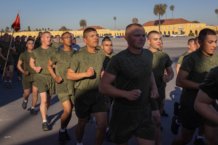 The new U.S. Marines of Lima Company, 3rd Recruit Training Battalion, participate in the company motivational run at Marine Corps Recruit Depot San Diego, California, Jan. 16, 2025. The company motivational run is a three-mile cadence run conducted around the Depot and is the last physical training event the Marines will conduct before they graduate from MCRD San Diego. The event is also the first-time friends and families will see their newly transformed Marines. Most ready when our nation is least ready, we train Marines to defeat the challengers, obstacles, and potential adversaries that hinder our nation’s progress and threaten our peace and security. (U.S. Marine Corps photo by Lance Cpl. Jacob Hutchinson)