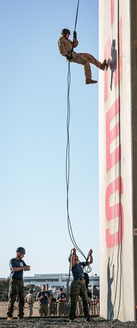 A U.S. Marine with Lima Company, 3rd Recruit Training Battalion, descends the rappel tower at Marine Corps Recruit Depot San Diego, California, Jan. 10, 2025. The rappel tower provides opportunities for the new Marines to gain confidence in themselves and their gear and is one of the last training events Marines will conduct while at MCRD San Diego. Most ready when our nation is least ready, we train Marines to defeat the challengers, obstacles, and potential adversaries that hinder our nation’s progress and threaten our peace and security. (U.S. Marine Corps photo by Cpl. Sarah M. Grawcock)