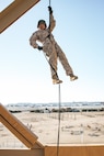 A U.S. Marine with Lima Company, 3rd Recruit Training Battalion, descends the rappel tower at Marine Corps Recruit Depot San Diego, California, Jan. 10, 2025. The rappel tower provides opportunities for the new Marines to gain confidence in themselves and their gear and is one of the last training events Marines will conduct while at MCRD San Diego. Most ready when our nation is least ready, we train Marines to defeat the challengers, obstacles, and potential adversaries that hinder our nation’s progress and threaten our peace and security. (U.S. Marine Corps photo by Cpl. Sarah M. Grawcock)
