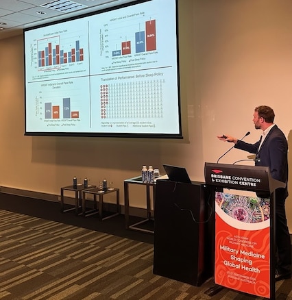 Dr. Nathan Kearns, research psychologist at WRAIR-West, presents at the 45th International Committee of Military Medicine (ICMM) in September 2024.