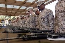 U.S. Marine Corps recruits with Delta Company, 1st Recruit Training Battalion, wait for instruction before an M16A4 service rifle issue at Marine Corps Recruit Depot San Diego, California, Jan. 13, 2025. Recruits were issued rifles and briefed on their responsibilities regarding rifle security, safety and handling. Marines are warfighters first, and always. Every Marine is a rifleman, and a Marine officer is a rifle platoon commander. This unique characteristic distinguishes Marines from all services, at home and abroad. (U.S. Marine Corps photo by Lance Cpl. Jacob B. Hutchinson)