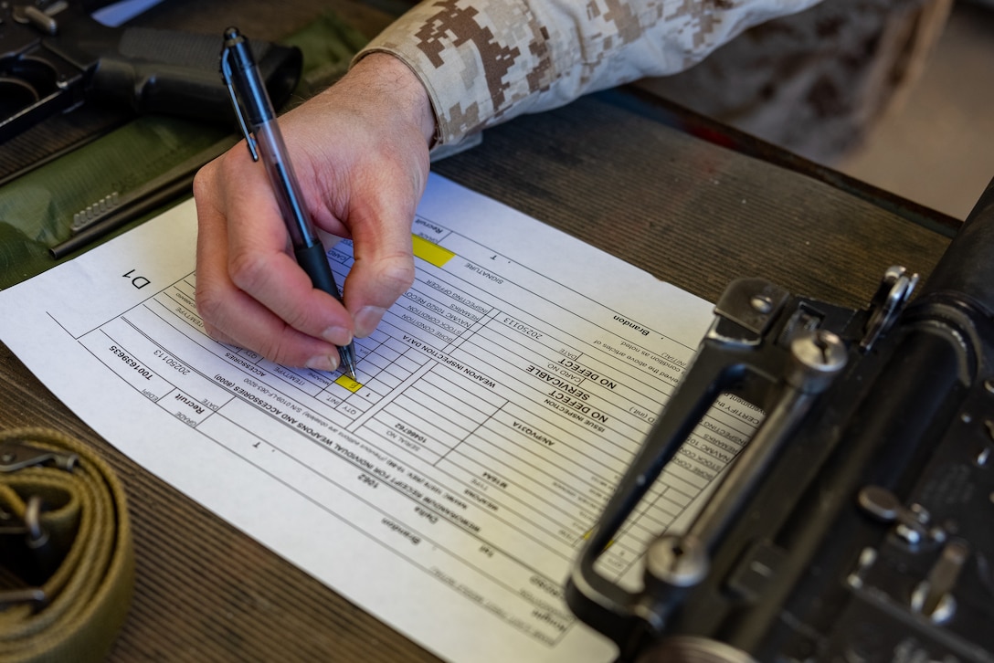 A U.S. Marine Corps recruit with Delta Company, 1st Recruit Training Battalion, signs paperwork for their rifle during an M16A4 service rifle issue at Marine Corps Recruit Depot San Diego, California, Jan. 13, 2025. Recruits were issued rifles and briefed on their responsibilities regarding rifle security, safety and handling. Marines are warfighters first, and always. Every Marine is a rifleman, and a Marine officer is a rifle platoon commander. This unique characteristic distinguishes Marines from all services, at home and abroad. (U.S. Marine Corps photo by Lance Cpl. Jacob B. Hutchinson)