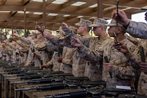U.S. Marine Corps recruits with Delta Company, 1st Recruit Training Battalion, inventory their rifle cleaning kits during an M16A4 service rifle issue at Marine Corps Recruit Depot San Diego, California, Jan. 13, 2025. Recruits were issued rifles and briefed on their responsibilities regarding rifle security, safety and handling. Marines are warfighters first, and always. Every Marine is a rifleman, and a Marine officer is a rifle platoon commander. This unique characteristic distinguishes Marines from all services, at home and abroad. (U.S. Marine Corps photo by Lance Cpl. Jacob B. Hutchinson)