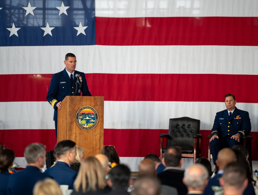 U.S. Coast Guard Rear Adm. Joseph Buzzella, District 11 commander, speaks for the inaugural Coastie of the Year ceremony at Sector San Diego, Jan. 22, 2025.