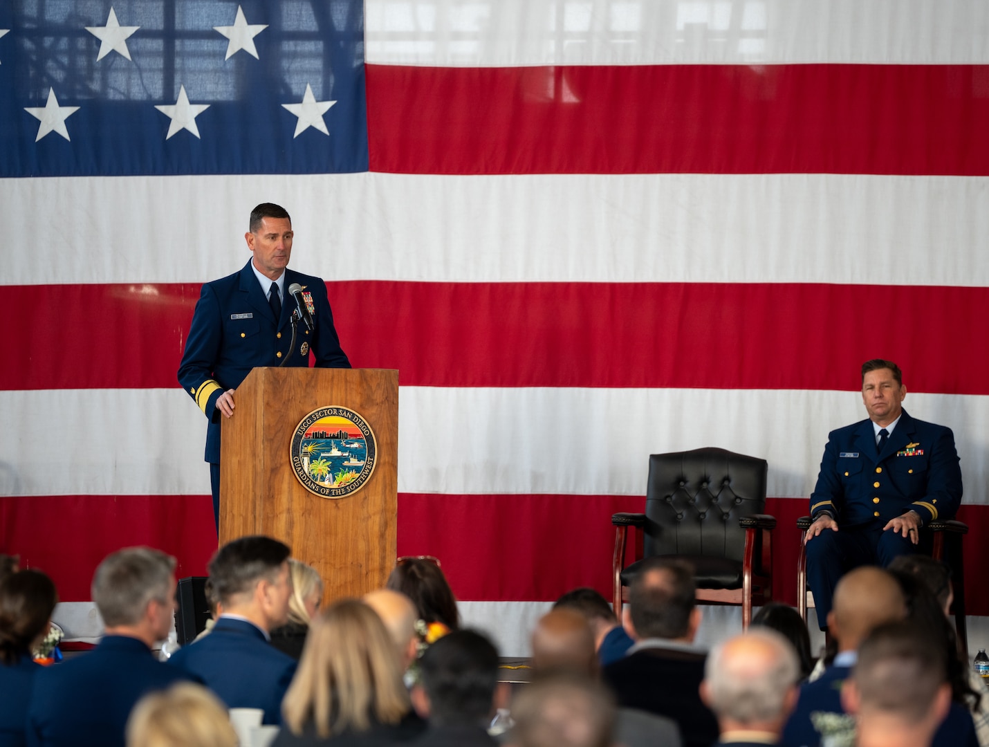 U.S. Coast Guard Rear Adm. Joseph Buzzella, District 11 commander, speaks for the inaugural Coastie of the Year ceremony at Sector San Diego, Jan. 22, 2025.