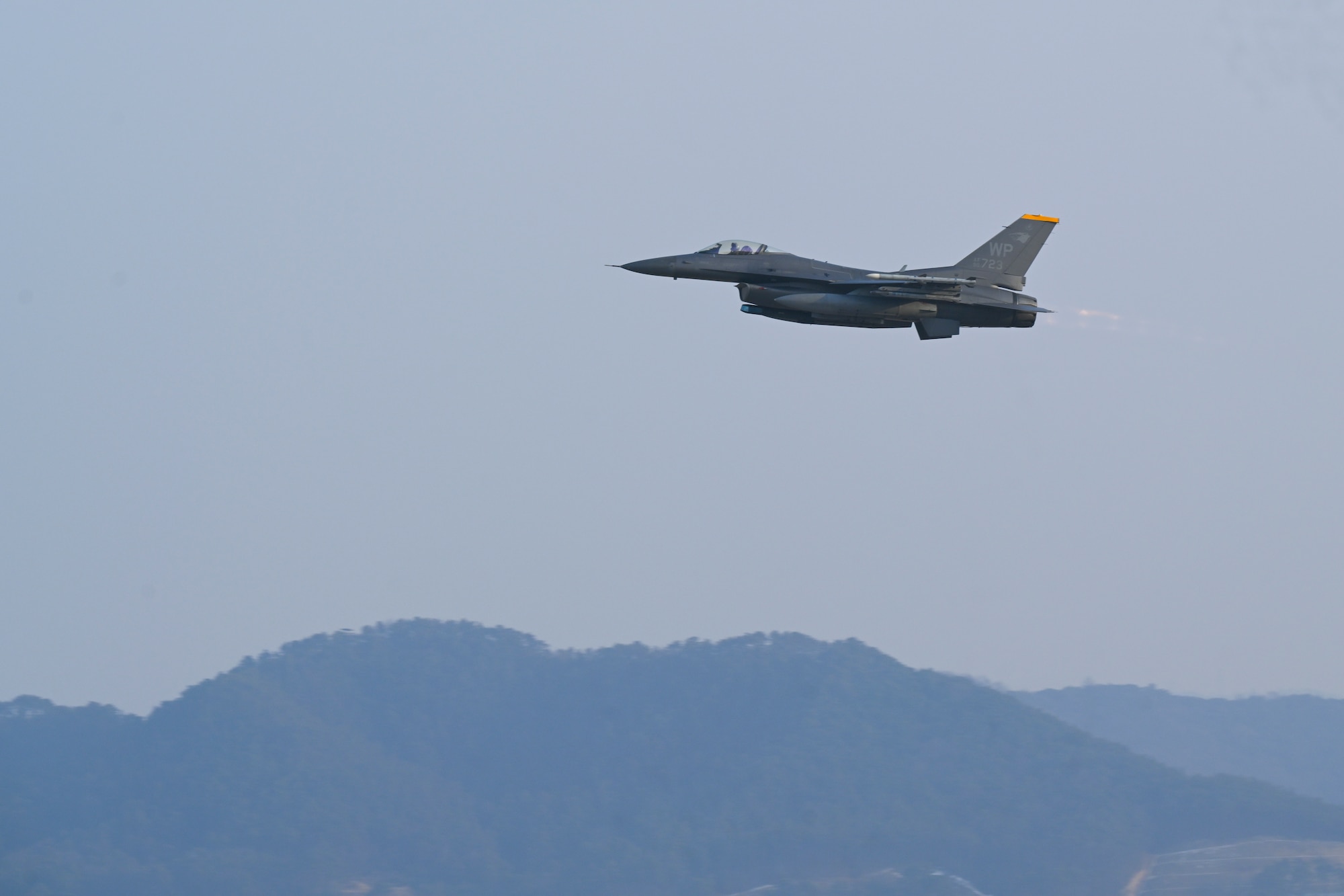 An F-16 Fighting Falcon from the 80th Fighter Squadron takes off from Gwangju Air Base, Republic of Korea, in support of Agile Combat Employment operations during Exercise Beverly Pack 25-1, Jan. 14, 2025.