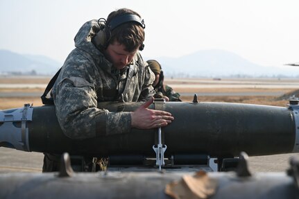 Staff Sgt. Gary Beam, 35th Fighter Generation Squadron aircraft armament systems load crew team chief, unloads a munition during Exercise Beverly Pack 25-1 at Gwangju Air Base, Republic of Korea, Jan. 14, 2025.