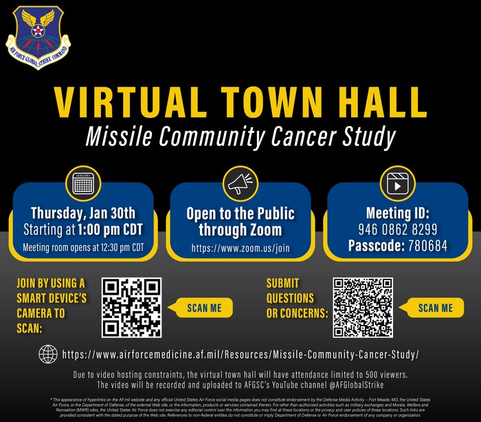 A graphic created in Adobe Illustrator released online January 22, 2025, announcing Air Force Global Strike Command’s virtual town hall livestream regarding the ongoing Missile Community Cancer Study that will be fully open to the public for the third time to allow broader access to released information as well as let the public voice their own questions and concerns to Department of the Air Force senior leaders. The VTH is scheduled to be held on Zoom January 30, 2025, at 1:00 pm. CST, by AFGSC commander, Gen. Thomas A. Bussiere, accompanied by DAF medical professionals and senior leaders. The recording of the event will be released afterwards on AFGSC’s YouTube and DVIDS pages. (U.S. Air Force graphic by Staff Sgt. Shelby Thurman)