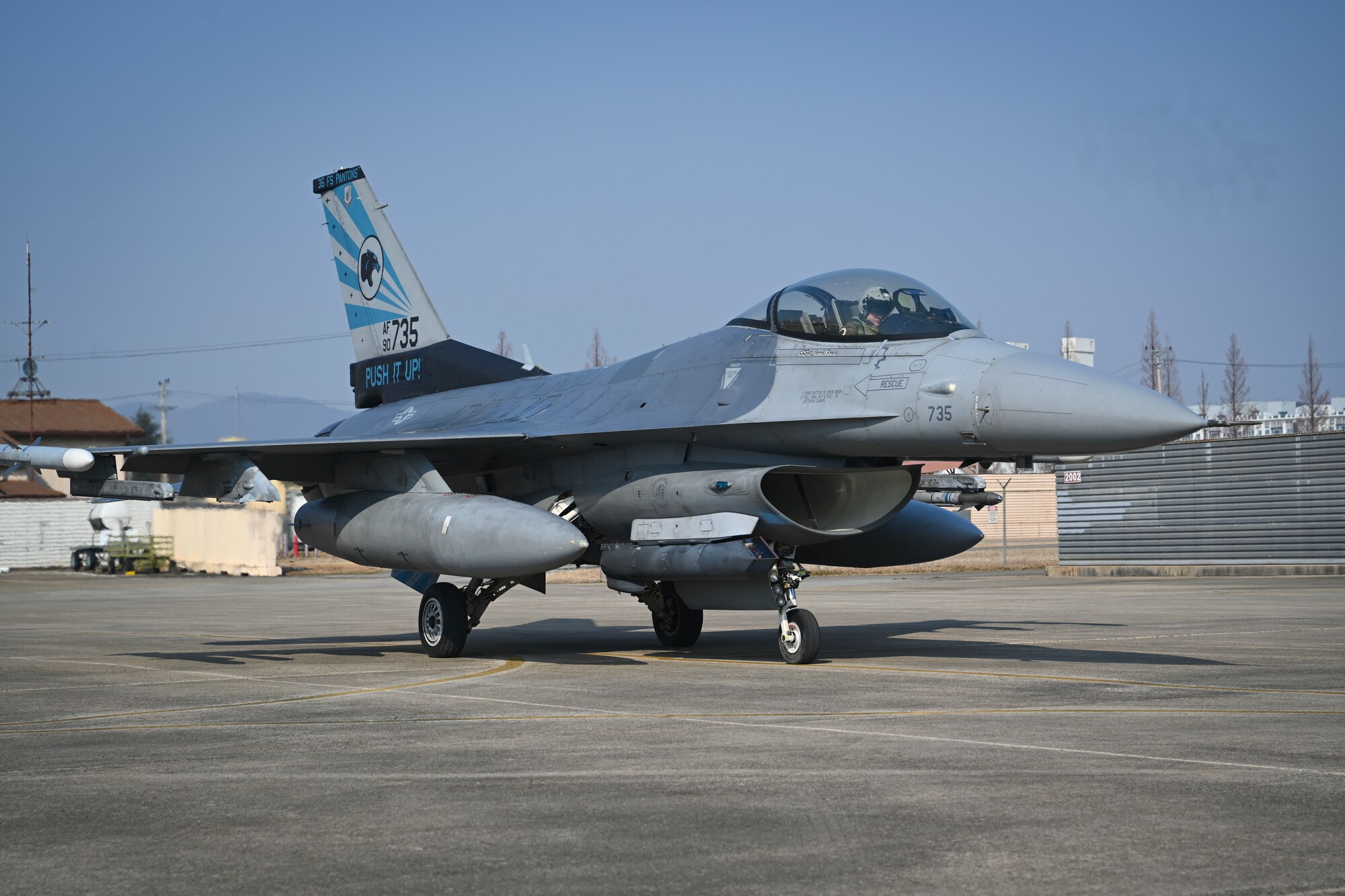 An F-16 Fighting Falcon from the 35th Fighter Squadron taxis upon arriving at Gwangju Air Base, Republic of Korea, to support Agile Combat Employment operations for exercise Beverly Pack 25-1, Jan. 13, 2025.