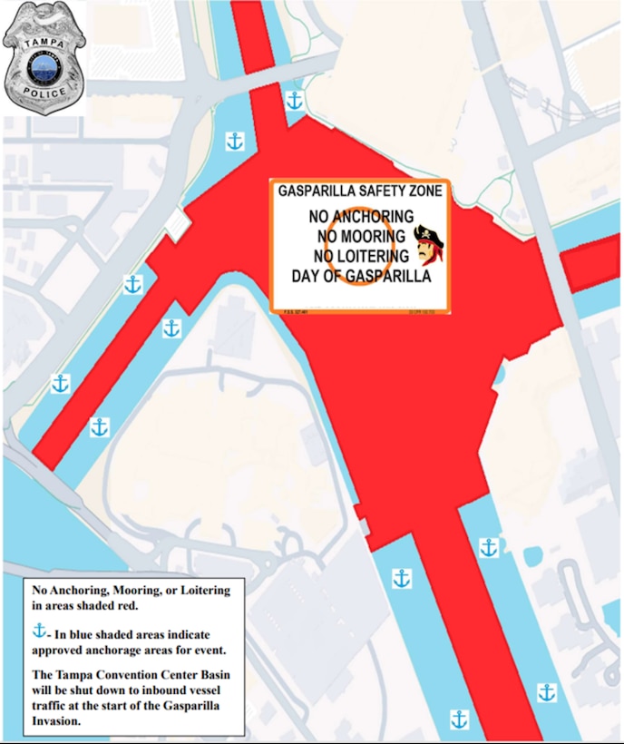 The Coast Guard, Coast Guard Auxiliary and partner agencies will be enforcing a safety zone for the Gasparilla Parade, Saturday, on Tampa Bay from 11 a.m. to 6 p.m., Jan. 25, 2025. All boaters are advised to monitor VHF Ch. 16 and contact the Coast Guard or other nearby agency partners in the event of a water emergency. (U.S. Coast Guard courtesy photo)