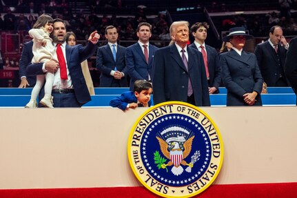 President Trump, Vice President Vance and their families look at crowd