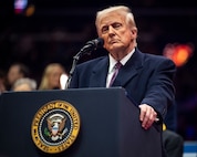 President Trump at lectern looking at crowd