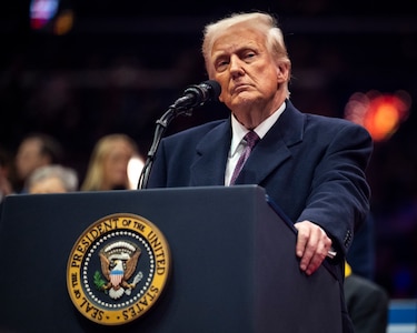 President Trump at lectern looking at crowd